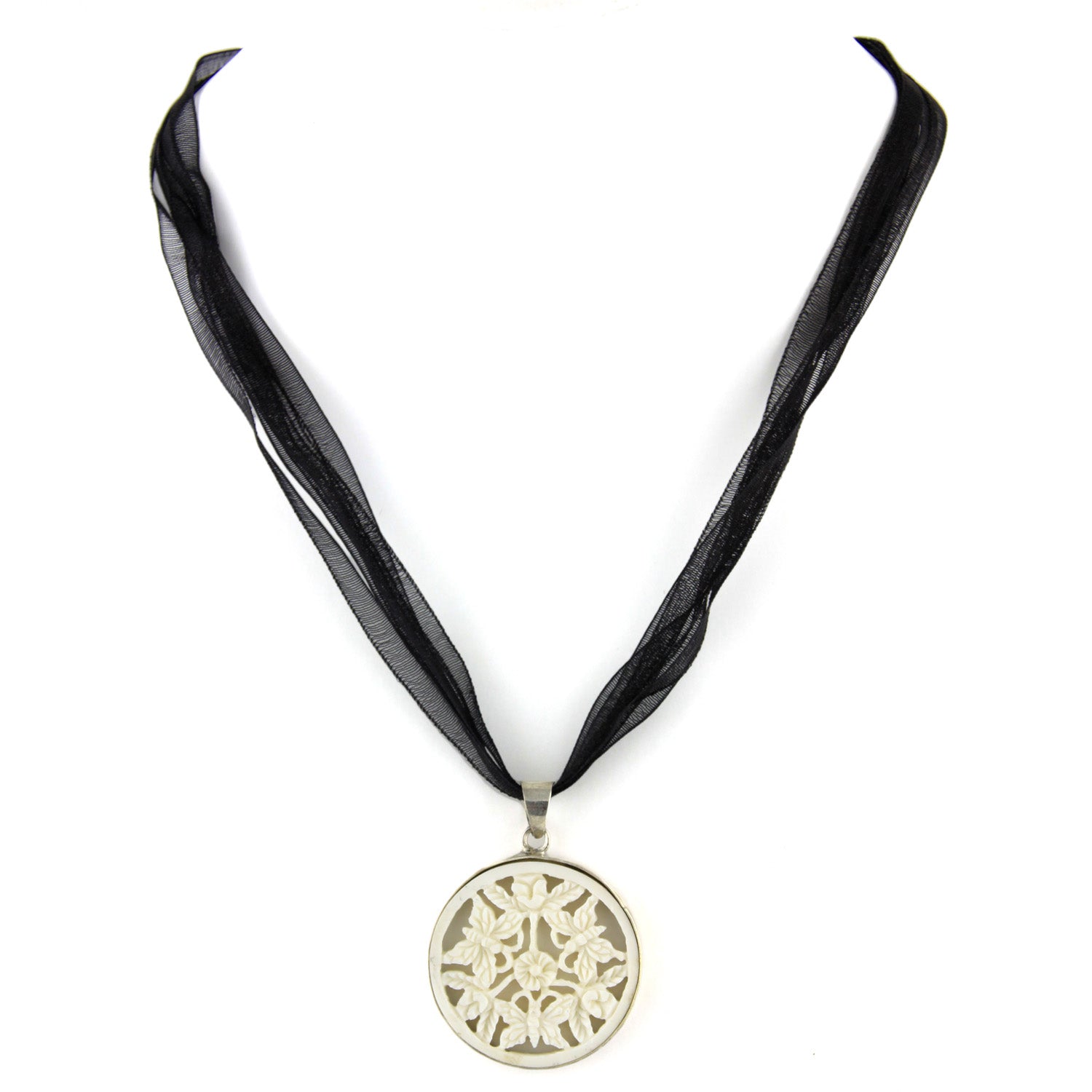 Hand Carved Round Perforated Bone Butterfly Pendant in Silver Casing Necklace – image 3 – Evolatree Jewelry