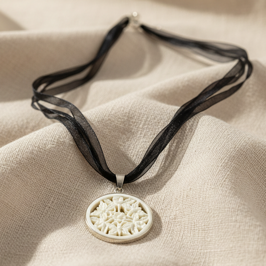 Hand Carved Round Perforated Bone Butterfly Pendant in Silver Casing Necklace