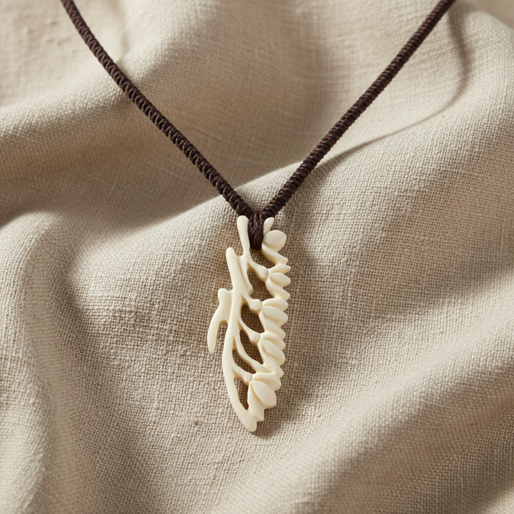 Hand Carved White Bone Magnolia Fleur Pendant Necklace