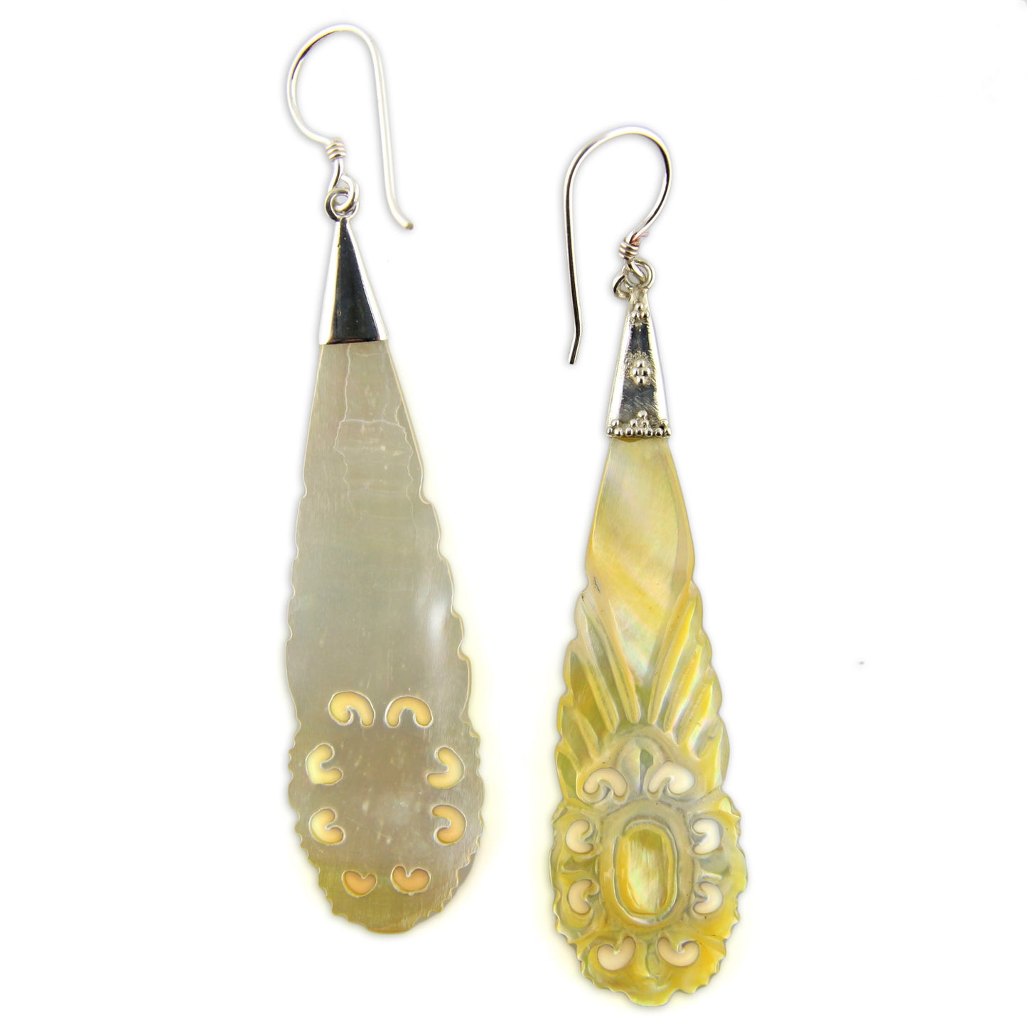 Hand Carved Shell Floral Teardrop Crest - and Silver Earrings – image 3 – Evolatree Jewelry