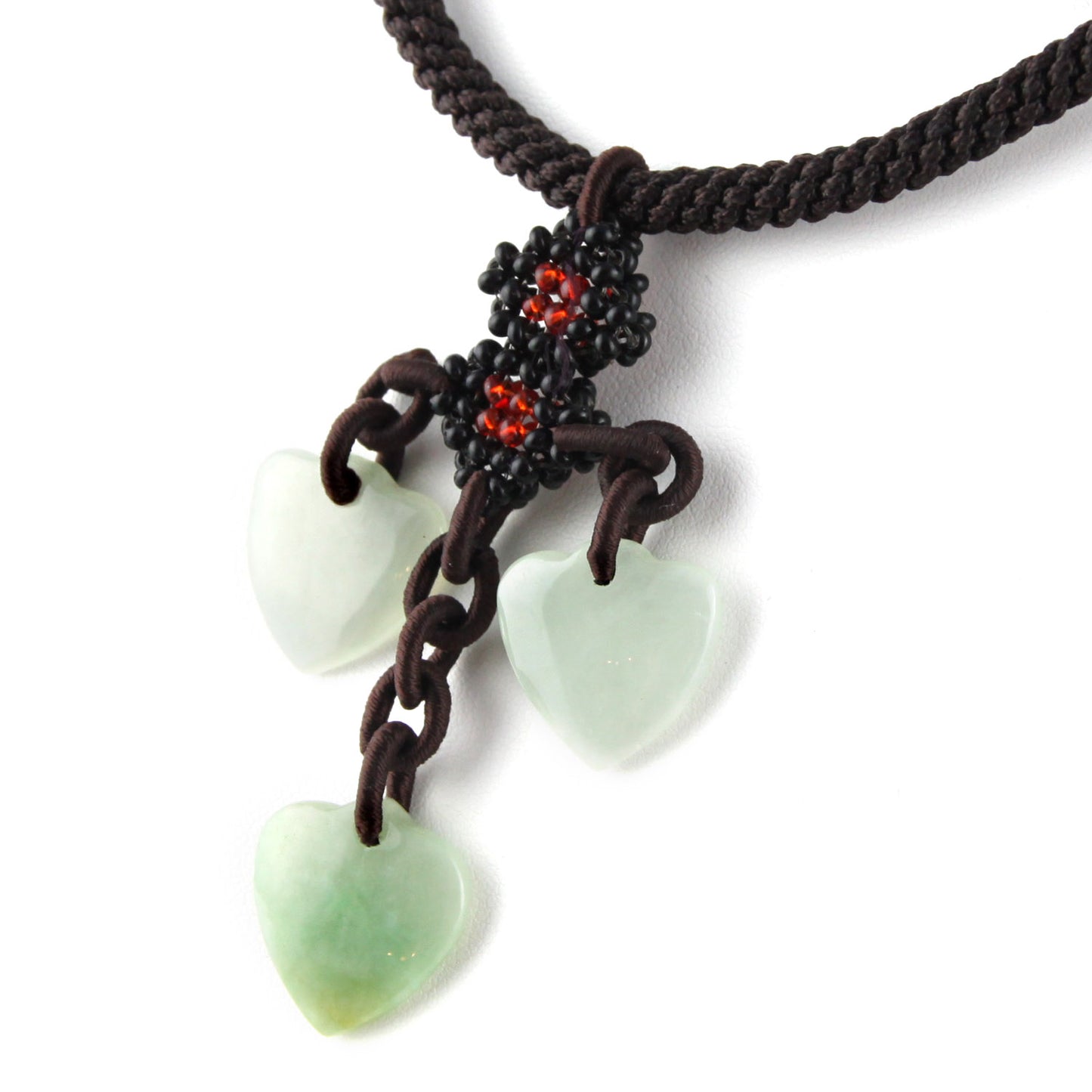 Iridescent White and Green Natural Stone Hearts Pendant - Thick Brown Woven Adjustable Necklace – image 3 – Evolatree Jewelry