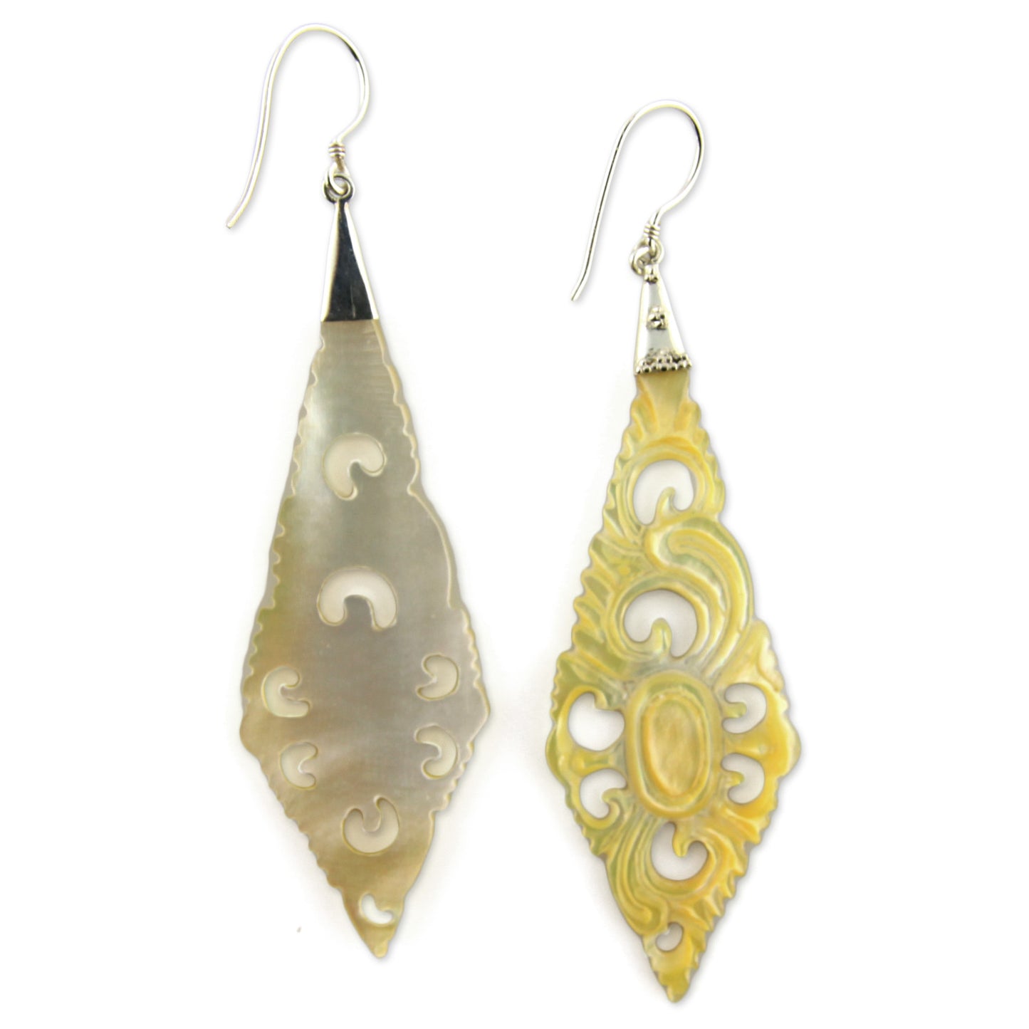 Hand Carved Shell Floral Diamond Crest - and Silver Earrings – image 3 – Evolatree Jewelry