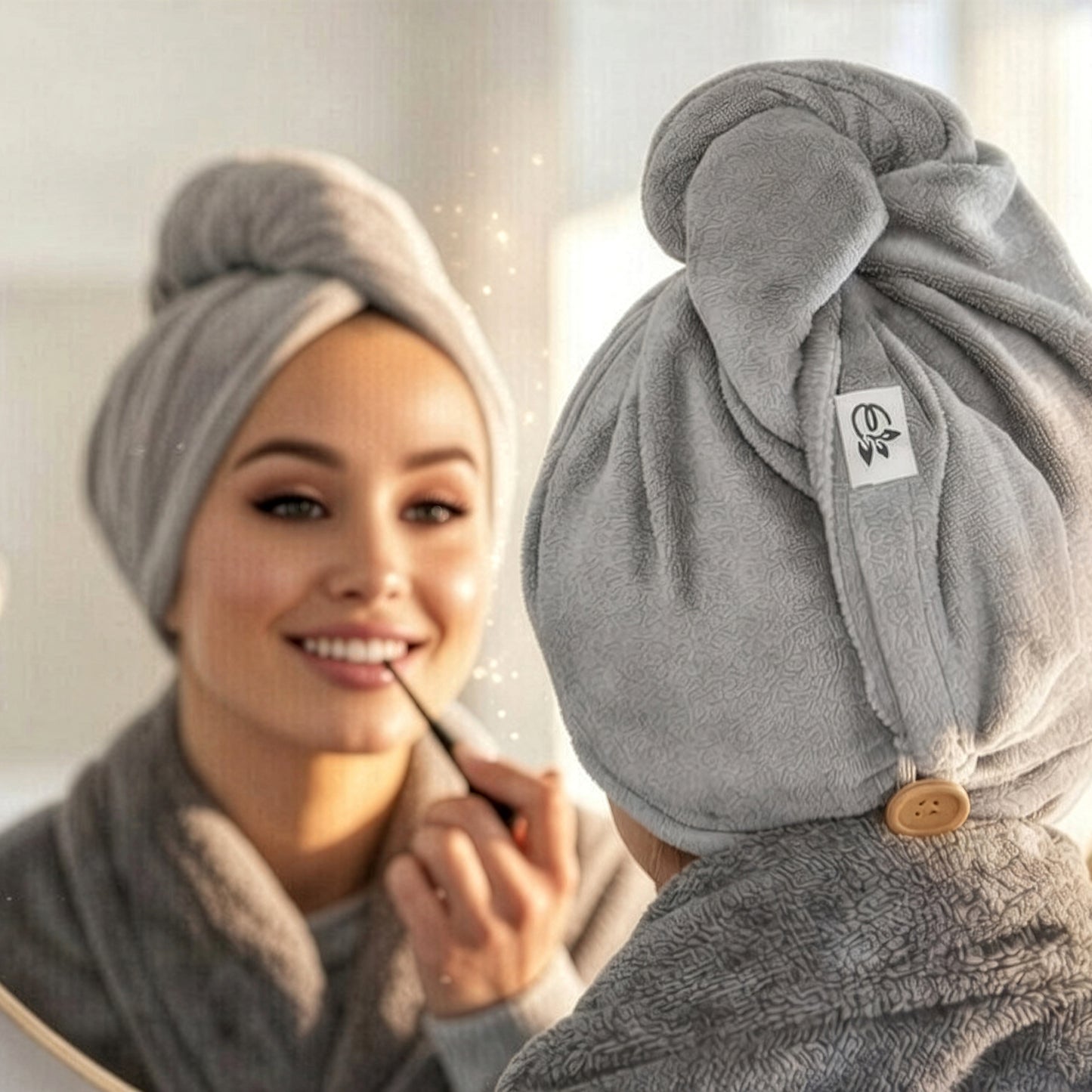 Evolatree Quick-Dry Microfiber Hair Towel Wrap with Wooden Button – Grey