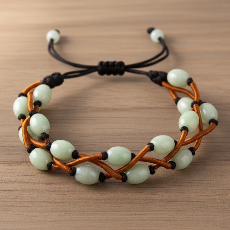 Deep Brown Adjustable Bracelet with Woven Copper Tri Strand and Jade Stone Beads