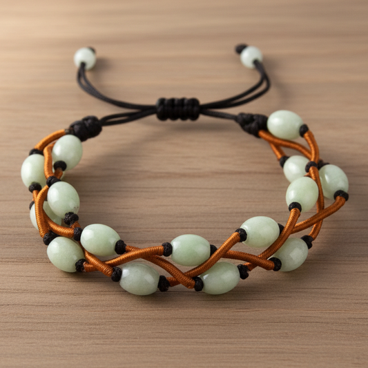Deep Brown Adjustable Bracelet with Woven Copper Tri Strand and Jade Stone Beads