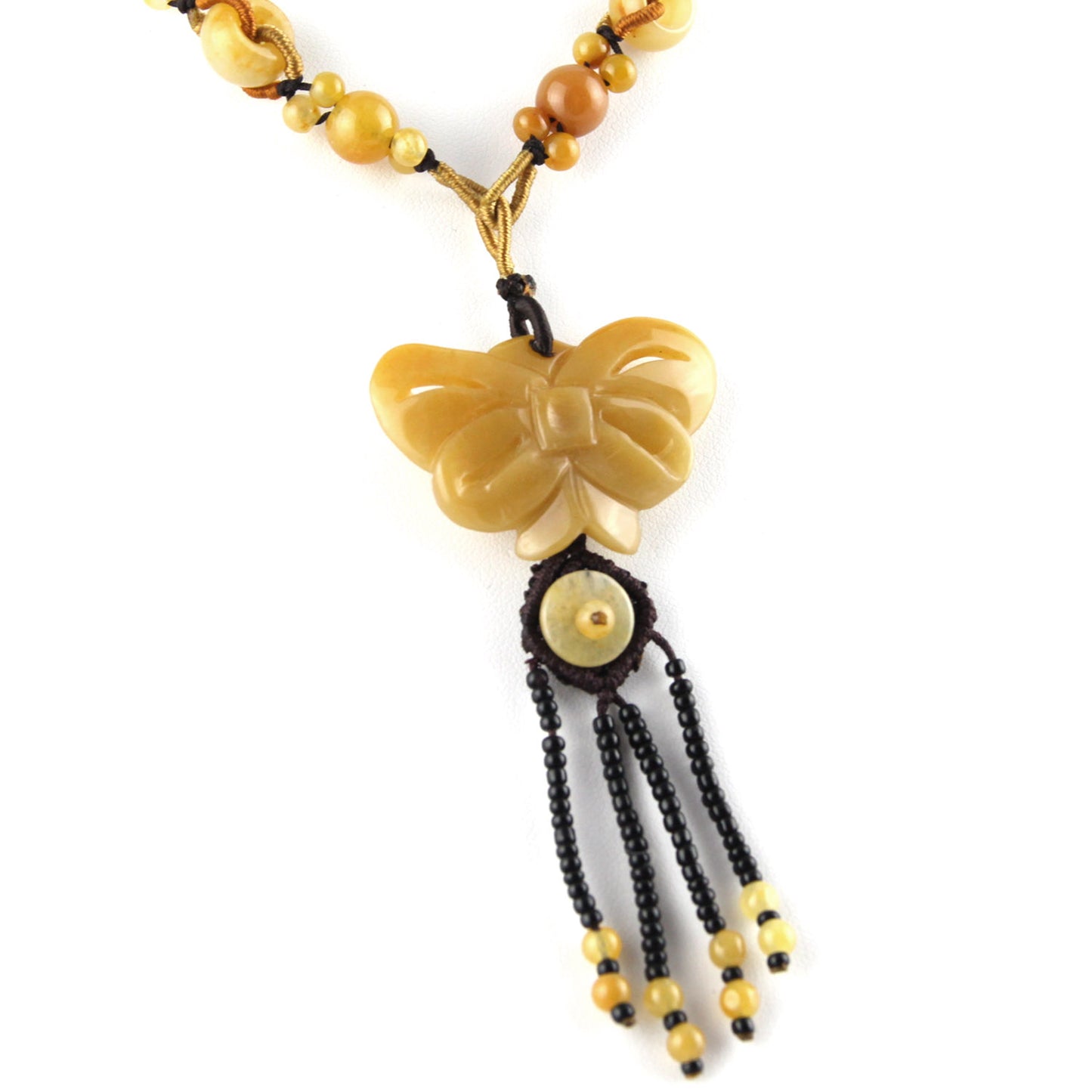Peach Natural Stone Butterfly and Beads - Knotted Bead Detail - Brown Adjustable Necklace – image 3 – Evolatree Jewelry