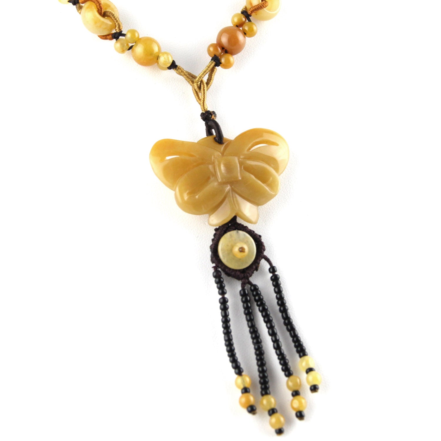 Peach Natural Stone Butterfly and Beads - Knotted Bead Detail - Brown Adjustable Necklace – image 3 – Evolatree Jewelry