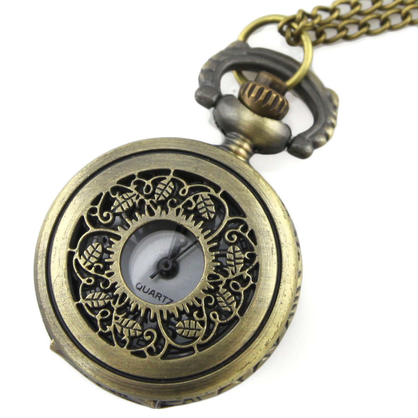 Brass Locket Watch Necklace - Perforated Leaf Quartz Pendant – image 3 – Evolatree Jewelry