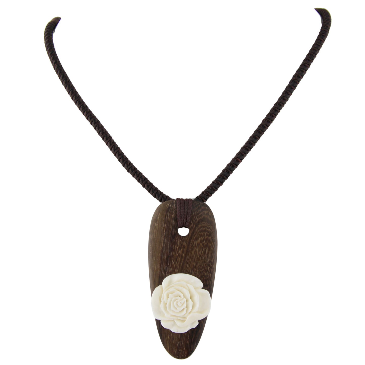 Hand Carved Bone Rose on Wood Spear Head Pendant Necklace – image 3 – Evolatree Jewelry