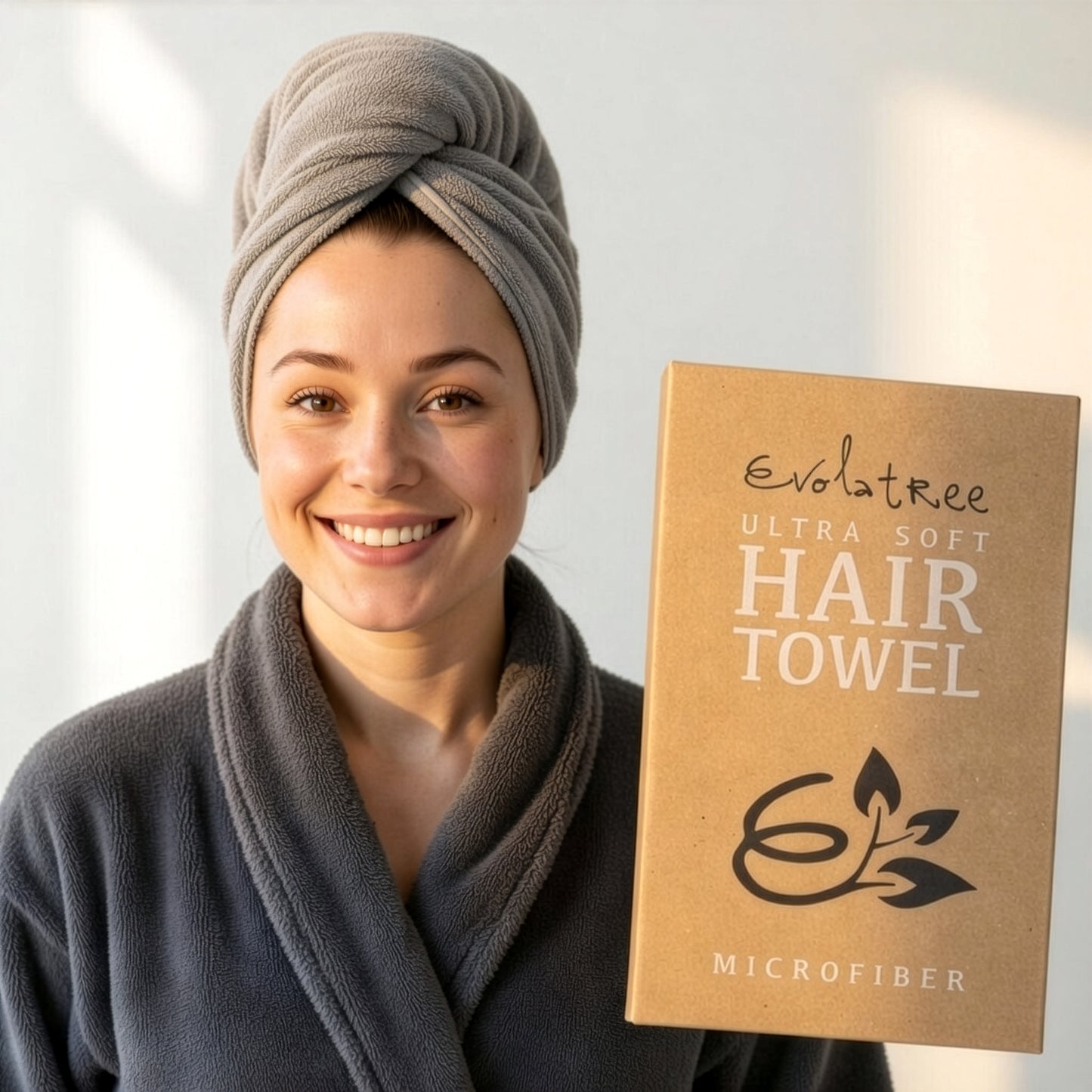 Evolatree Quick-Dry Microfiber Hair Towel Wrap with Wooden Button – Grey