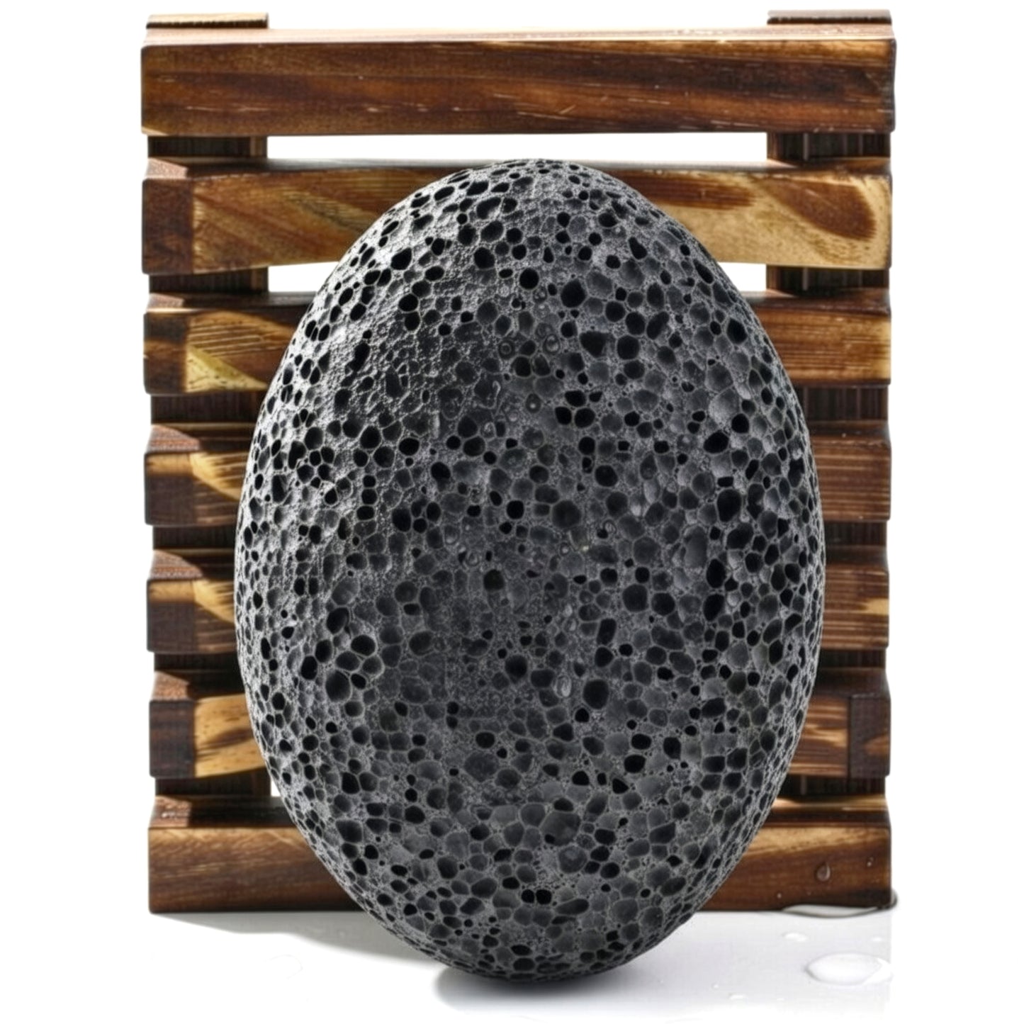 Natural volcanic pumice stone on wooden tray with droplets – mold-free storage callus remover for feet