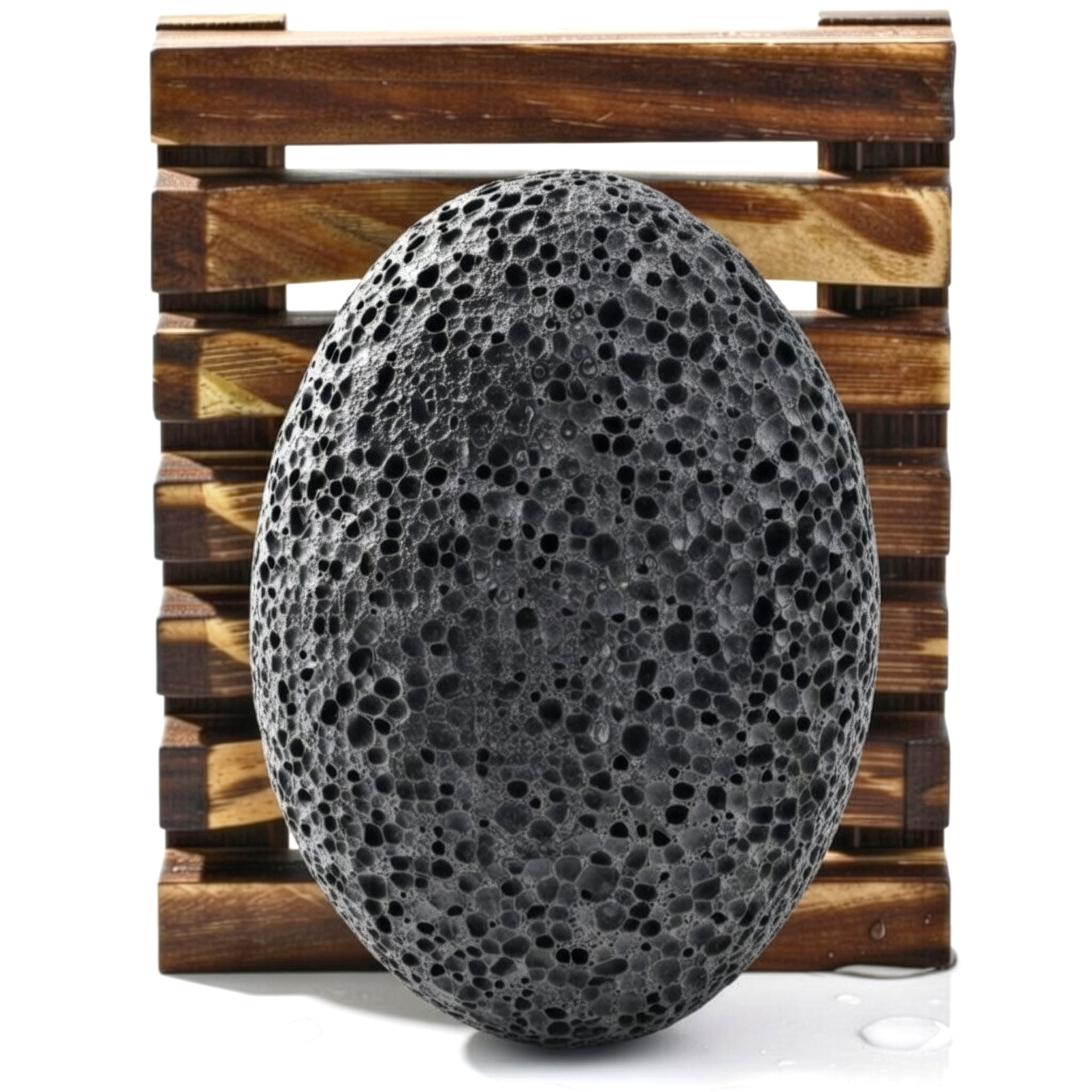 Natural volcanic pumice stone on wooden tray with droplets – mold-free storage callus remover for feet