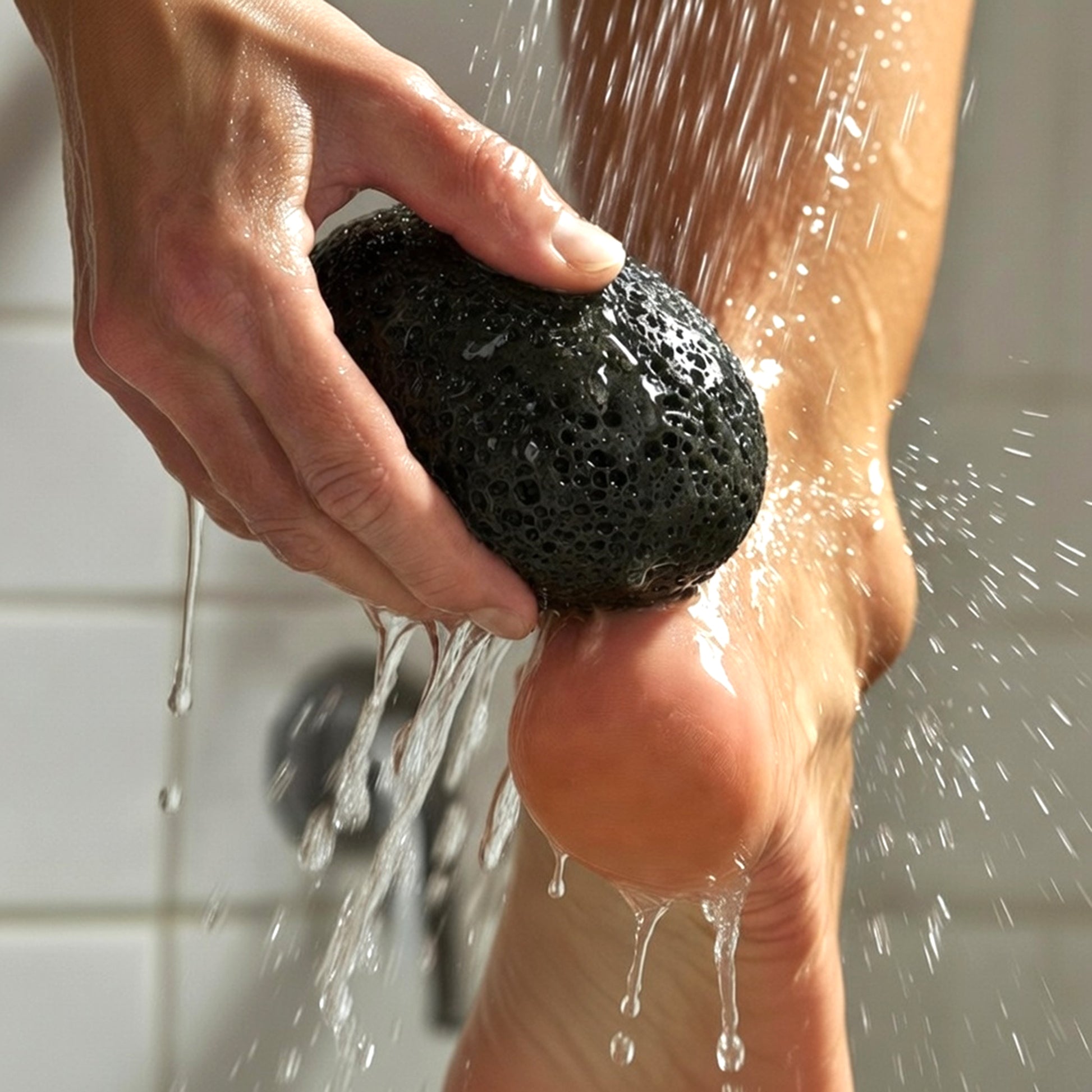 Hand scrubbing heel with wet pumice stone in shower – natural callus remover for smooth feet pedicure