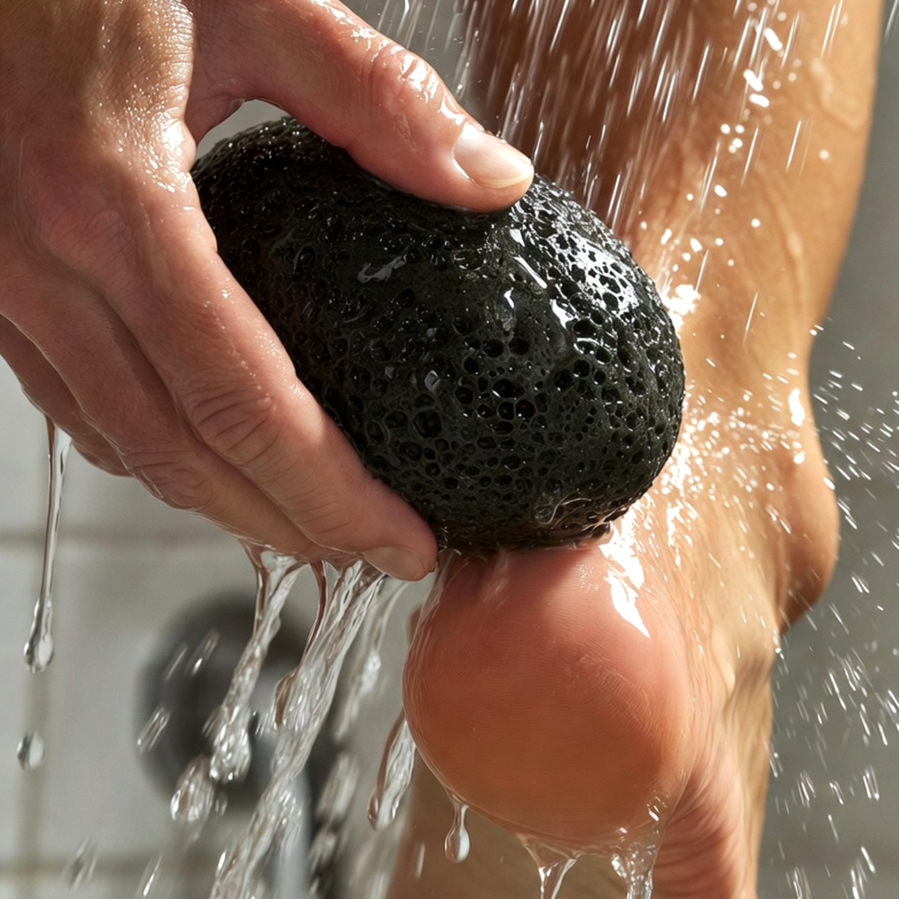Using Evolatree natural volcanic lava pumice stone for feet in the shower – ergonomic foot scrubber and callus remover for dead skin and cracked heels.