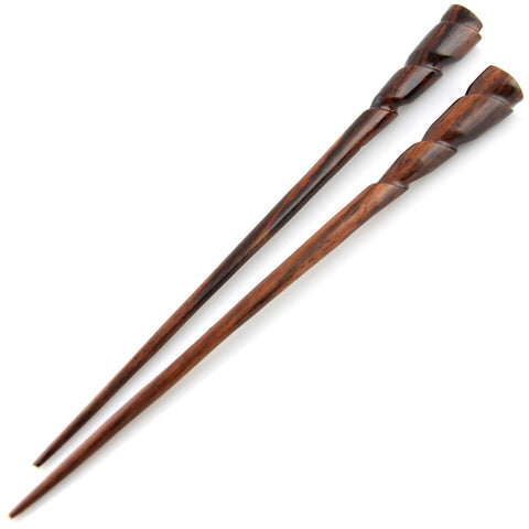 Natural Hair Pin Chopsticks - Pair of Spiral Hair Sticks for Women and Men - Hand Carved Wood Styling Pin Set - Wide Cut Spiral - 7.5 Inches Long