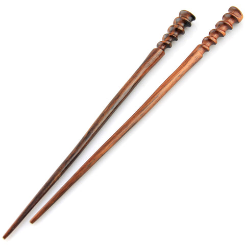 Natural Hair Pin Chopsticks - Pair of Spiral Hair Sticks for Women and Men - Hand Carved Wood Styling Pin Set - Fine Cut Spiral - 7.5 Inches Long