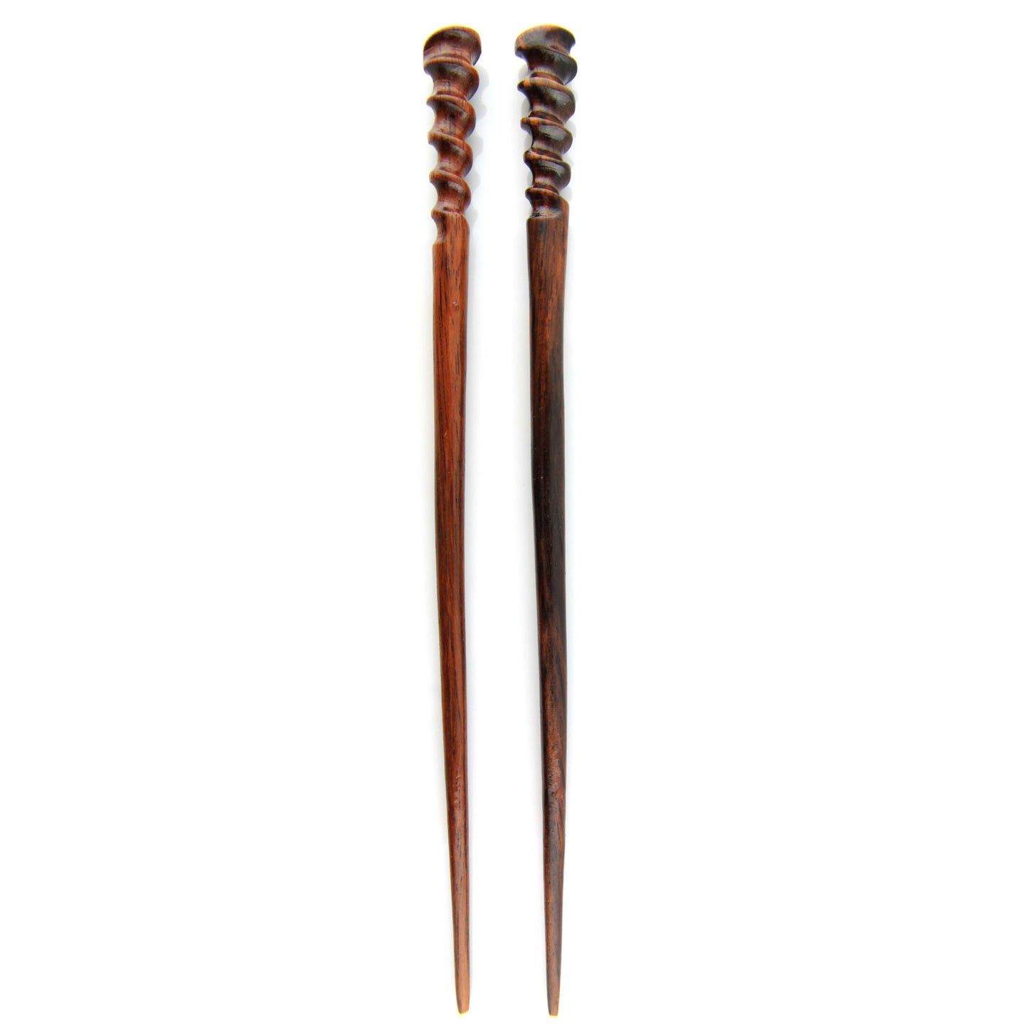 Natural Hair Pin Chopsticks - Pair of Spiral Hair Sticks for Women and Men - Hand Carved Wood Styling Pin Set - Fine Cut Spiral - 7.5 Inches Long