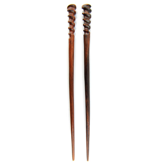 Natural Hair Pin Chopsticks - Pair of Spiral Hair Sticks for Women and Men - Hand Carved Wood Styling Pin Set - Fine Cut Spiral - 7.5 Inches Long