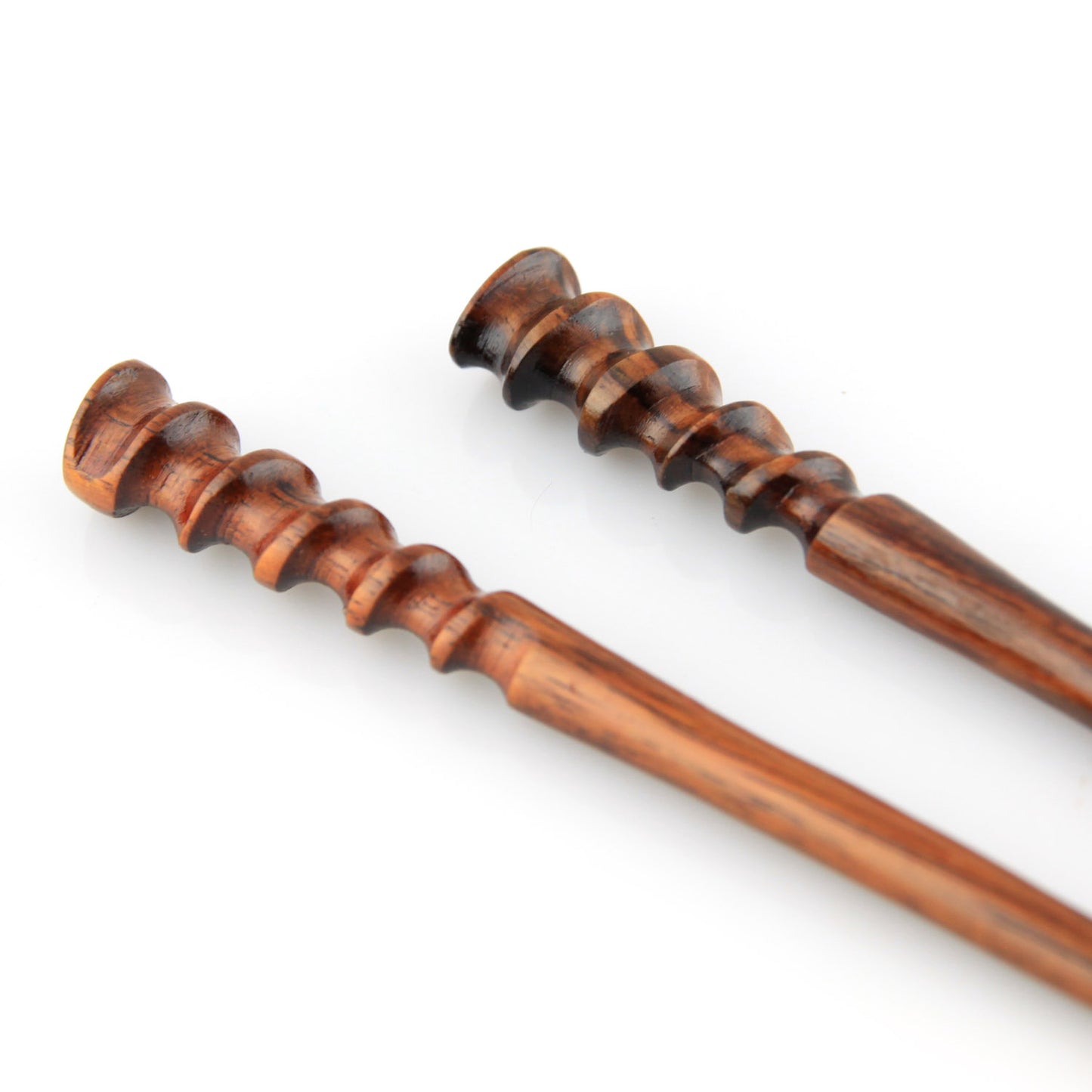 Natural Hair Pin Chopsticks - Pair of Spiral Hair Sticks for Women and Men - Hand Carved Wood Styling Pin Set - Fine Cut Spiral - 7.5 Inches Long