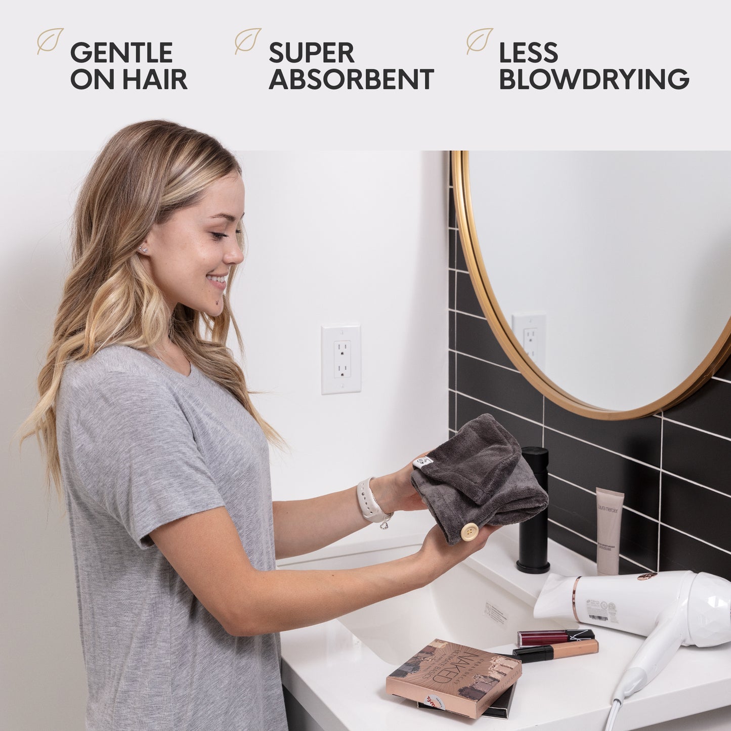 Evolatree Quick-Dry Microfiber Hair Towel Wrap with Wooden Button – Grey