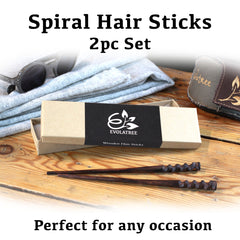 Natural Hair Pin Chopsticks - Pair of Spiral Hair Sticks for Women and Men - Hand Carved Wood Styling Pin Set - Wide Cut Spiral - 7.5 Inches Long
