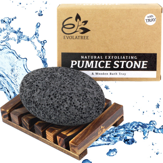 Evolatree natural volcanic lava pumice stone for feet with wooden tray – callus remover and foot exfoliator for dead skin, corns, and cracked heels.
